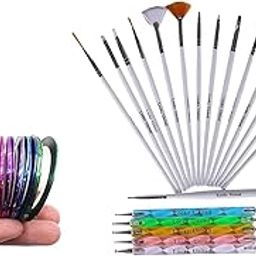 LOVHIDE 15 Nail Art Brush, 5 Two Way Dotting Tool, 11 Nail Art Striping Tape Rolls (Pack of 31)-image-44