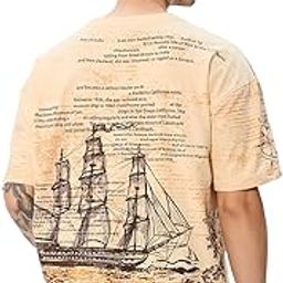 Let's Sail Men and Boys Short Sleeves Round Neck Beige Graphic Printed Cotton Oversized T-Shirts-27