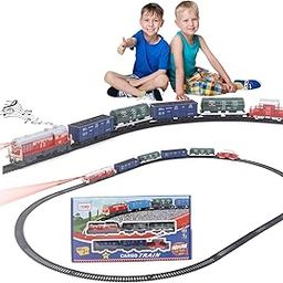 Amisha Gift Gallery Battery Operated Cargo Train Track Toy Set with Flash Light and Sound Vintage Train with Locomotive Engine,Cargo, Coal Wagon,Oil Tanker and Big Tracks, Choo Choo Train-16