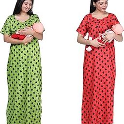 100% Cotton Feeding Nighty for Women Long Length Printed Nighty/Maxi/Night Gown/Night Dress/Nightwear Inner & Sleepwear for Women's Pack of 2-image-46