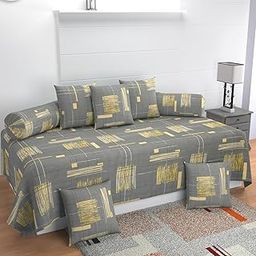 MANIQATEX Diwan Cover Set with 5 Cushion Covers and 2 Bolsters, Grey and Gold Abstract Pattern-image-12