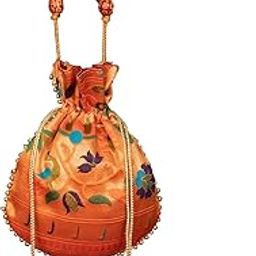 Womens Silk (Paithani) With Pearl Lace Border Also Comes With Moti Handle Potli Purse (Orange)-image-35