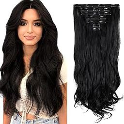 HAIR WALA™ 7 PCS 16 Clips in Hair Extensions Wavy Synthetic Hairpieces 24inch Natural and Soft Double Thick Hair Extension for Women Girls Daily Make Up Party (Black)-image-25