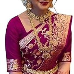 Women's Banarasi Saree Pure Kanjivaram Silk Saree Soft new ladies 2023 Design Wear Pattu Sarees Latest Cotton Party Sari collections With Blouse Piece for Wedding sadi (PARI 164 WINE)-picture-0
