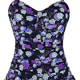 Women's 50's Retro Ruched Tankini Swimsuit Top with Ruffle Hem Purple&Black Floral 10-image-2