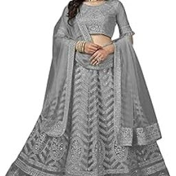Generic Women's Cotton Blend::Net Embroidered Semi Stitched Lehenga Choli (BZ_Pall Grey Free)-29
