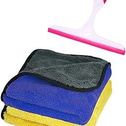 FAM ENTERPRISES Car and Bike Cleaning Combo | 2 Pcs Microfiber Towel/Cloth - 600GSM (40x40 CM) |1 Wiper | Full Interior and Exterior Cleaning Kit | Color – Assorted-95