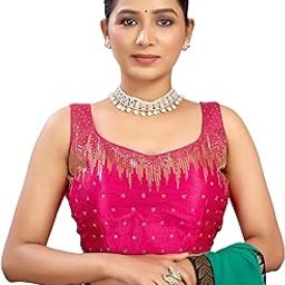 Readymade Saree Blouse for Women | Silk Blend Sequence Embroidery Sleeveless Blouse | Stitched Padded Blouse-image-8