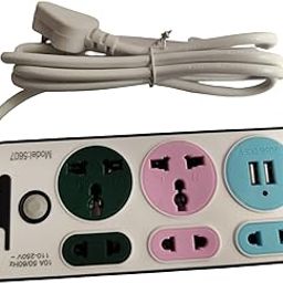 Colorful 6-Outlet Power Strip with 2 USB Ports, Multi-Coloured Sockets, Surge Protection, White-20
