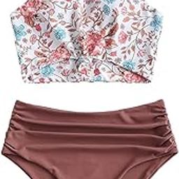 Women's Scoop Neck Tropical Leaf Knotted Two Pieces Tankini Set Swimsuit (D-Chestnut, M)-image-64