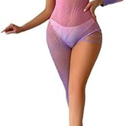 Women's One-Shoulder Mesh Bodysuit, Pink to Purple Ombre, Long Sleeve Design Bodysuit Lingerie Sexy Nightwear-image-2
