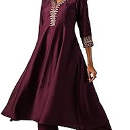 Women Zari Embroidered V-Neck Panelled Anarkali Kurta With Elasticated Wide Leg Pants Festive Set-image-1