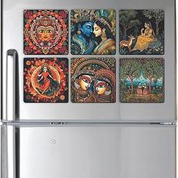 CVANU Set of 6 Madhubani Picture Printed Wooden Magnetic Square Shape Cutout for Fridge Door (5inchX5inch)_701-image-8