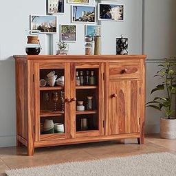 Krishna Wood Decor Home Furniture Wood Kitchen Crockery Cabinet Glass Door Storage Cabinet Unit || Kitchen Cabinets & Sideboards Honey Finish-image-7