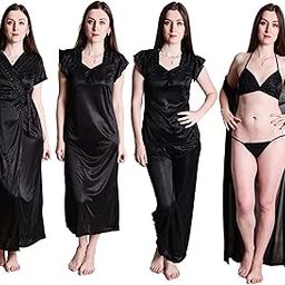 Black Satin Nightwear 6pc Set of Nighty, Wrap Gown, Top, Pajama, Bra & Thong Nighty Set-image-77