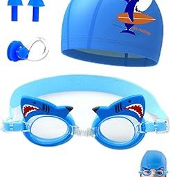 NHCDFA Swimming Accessories for Kids, Swimming Cap for Kids 4-5 Years (Cap+Goggles+Nose Clip+Earplugs) (shark)-image-89