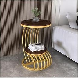 FURNIFOX Round Metal Side/End Table, in-Lay Top End Table Frame Sofa Corner for Living Room Coffee Tables Striped Top and Metal Frame Sofa Table Nesting Table (Golden Brown)-11