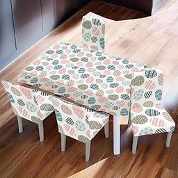 Kuber Industries Set of 5 Waterproof & Oil Repellent Dining Table Chair Cover 4 Seater Full Set | Washable & Dustproof Table & Seat Cover Protector Slipcover | Easter Egg Pattern White-image-57