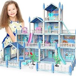 Dream Doll House Girls Toys,Doll House, 4 Story 14 Rooms Dollhouse with 4 Dolls, Dollhouse Furniture Accessories with Light, Toddler Playhouse Gift for 3 4 5 6 7 8 9 10 Year Old Girls Toys, Blue-image-35