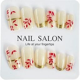 Press On Nails, Beige with Red Leaves and Gold Tips, 12 Pieces, Wedding Party Festival Fake Nails Set-image-62