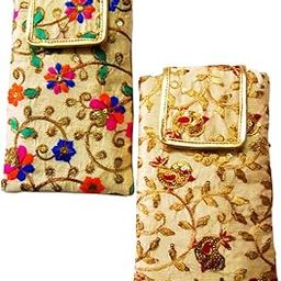 Avanti Creation Flower Pattern Ethnic Mobile Pouches for Women with Waist Clip and Sling Belt Embroidered Traditional Mobile Pouch Cover for Ladies Pack of 2 Combo (Flower Golden)-image-79