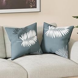 Lukzer Set of 2 Stylish & Stretchable Polyester-Spandex Mix Cushion Covers | Modern, Soft and Washable Pillow Case for Sofa, Bed, and Living Room Decor (16 x 16 Inches) - Grey Leaves Design-image-38