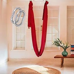 Streetup India® Silk Fabric Pro Aerial Swing/Yoga Hamock 6 x 2.6 Mtrs Long Fabric With 2 Carabiner| Red-image-89