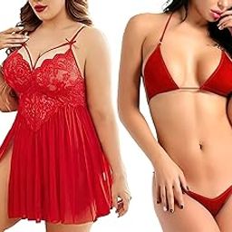 Combo Pack of 2 Babydoll Honeymoon Lingerie Nightwear Nighty Satin Women Bra Panty Beautifull Night Dress with Bikini Set-image-63