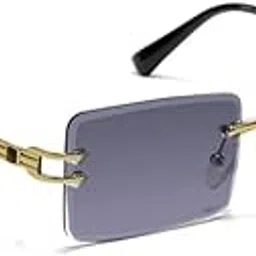 zaadran Rimless Rectangular Sunglasses for Men, Gold Frame with Brown Tinted Lenses-picture-0