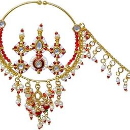 Brass Ethnic Traditional Gold plated piercing nose ring for bridal studed with pearchain and stone nath 111 for Women (Red)-image-44
