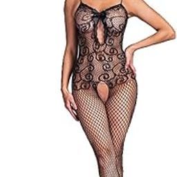 Women Fishnet Bodystocking Attached Stockings Sexy Lingerie Crotchless Bodysuit (One Piece Babydoll One Size)-image-42