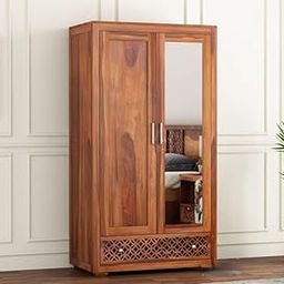 Wood World Sheesham Wood 2-Door Wardrobe with Mirror, Metal Handles, 3 Shelves, Floral Carved Panel, 182.9 x 91.4 x 55.9 cm, Honey Finish 1 Year Warrenty-image-74