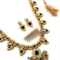 Najmcraft's Women's Kerala Traditional Green Palakka Necklace Set/Kerala Ethnic Jewellary/Palakka Mala With Studs for Women/Girls (Pack of 1 Set) (Green & Golden)-image-4