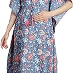 Women Light Blue Floral Cotton Maternity Kaftan/Free Size/Feeding/Nursing/Zipper/Drawstring/Printed/Full Length-42