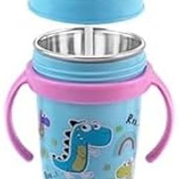 OWLSTONE EXIM LLP Hot & Cold Insulated Stainless Steel Double Walled 360ml BPA-Free Sippy Cup Anti-Spill Soft Silicone Spout Baby Sipper Water Bottle with Straw and Side Handle for Kids (Blue)-26