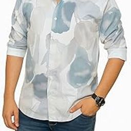 Men's Casual Shirt, Abstract Paint Pattern, Light Blue and White, Full Sleeves, Spread Collar, Rayon Material-image-78