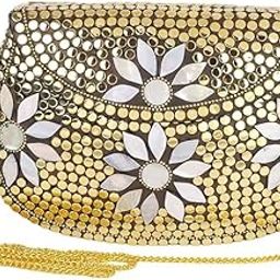Handmade Metal bag Golden 3h Flowers style Latest Shoulder Bag Clutch for girls and women-image-13
