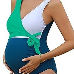 Maternity Swimsuit One Piece Tie Front Bathing Suit V Neck Pregnancy Swimwear High Cut, Green Blue, Large-image-76