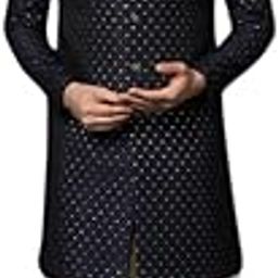 Men's Indo-Western Sherwani Dhoti Set, Black Cotton, Jacquard Regular Fit Mandarin Collar Long Sleeves-image-76