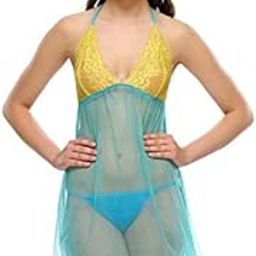 Women's Net Mini Babydoll With G string (Yellow Blue Turquoise babydoll_Blue_Free Size)-84
