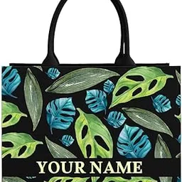 rerden Personalized Tropical Leaf Pattern Canvas Tote Bag, Black with Green and Teal Monstera Design, Custom Name Print-picture-7