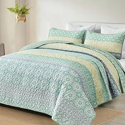 Boho Quilt Set King, Sage Green Bohemian Striped Patchwork Bedspread Coverlet Set with 2 Pillowcases,Lightweight Microfiber Floral Bedding Set 104"×90"-image-67