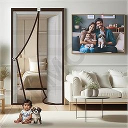 ARMORX High Tensile Polyester Magnetic Door Mosquito Net, Self Closing Magnets with Buckle Strap, Protection from Insects, Pets & Kids Friendly - BROWN-250cm x 150cm-29