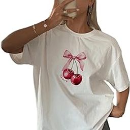 SXV omen's Round Neck Short Sleeve Cherry Print Simple T-Shirt, Casual-image-90