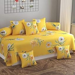NEW LEAF DiwanSet for Living Room, DiwanSet Covers Glace Cotton, DiwanSet 8 Pieces (1 Single Bedsheet, 5 Cushion Covers, 2 Bolster Covers) (Color-Yellow & Green), Standard-24