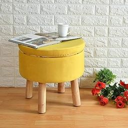 Luxurious Velvet Ottoman Pouffe | Multipurpose Wooden Stool for Living Room & Office | Modern Footrest Chair with Gold Accent | Home Decor Furniture | Compact & Durable (Yellow)-image-24