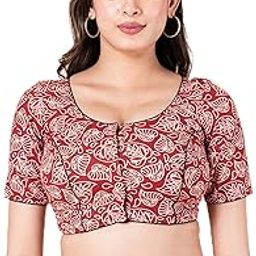 Women’s Cotton Printed Readymade Blouse – Short Sleeve Leaf Print Saree Blouse with Round Neck-image-15