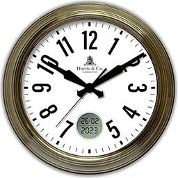 HARRIS & CO. CLOCKMASTERS LUXE EDITION Premium Luxury Ana-Digi Wall Clock with Thick Metal Frame & Digital Date/Month/Year Display,Silent Sweep Noiseless Technology,(Size - 15 Inch),Model - KENSINGTON-15