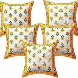 SkyKross - Everyday A New Thing Flora Print 100% Pure Cotton Cushion Cover Set of 5 | Decorative Covers for Sofa,Bedroom,Living Room (16 * 16) (Yellow)-11