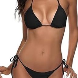 Two-Piece Triangle Bikini Set with Contrast Trim, Side-Tie Bottom, Available in Black and White, Self Tie Spaghetti Strap Swimsuit Bikini for Girls-picture-54